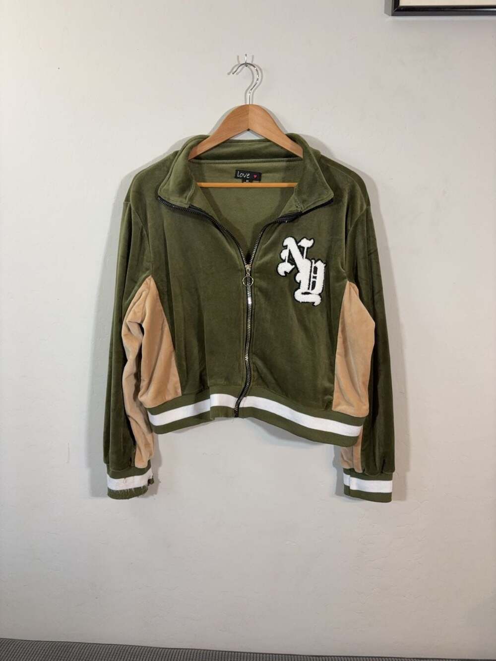 Love Olive Green and Tan Velour Crop Zip-up Jacket with NY Patch
